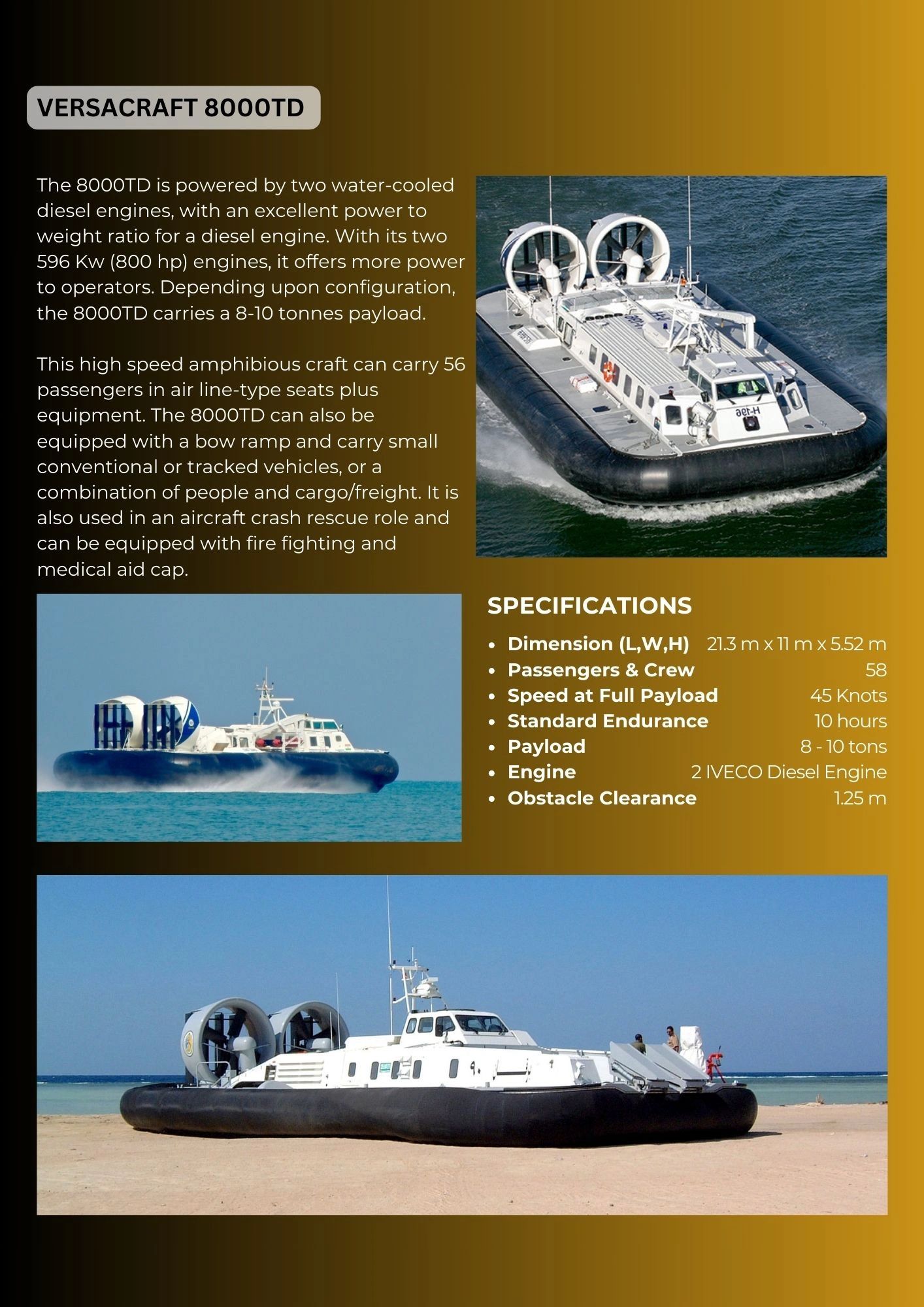 Versacraft 8000TD, a high-speed amphibious craft with diesel engines, carrying up to 58 passengers and small vehicles.