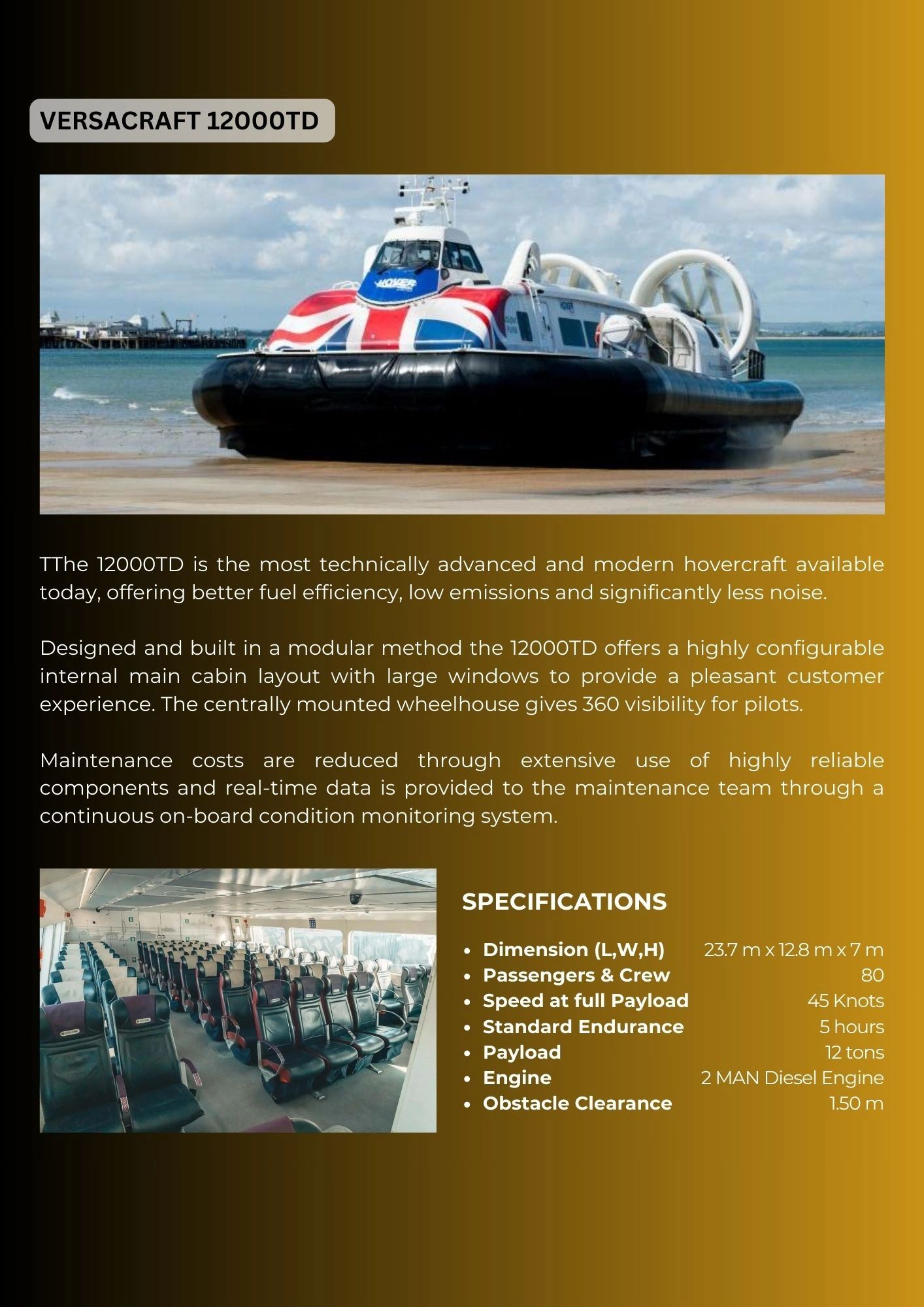 The Versacraft 12000TD hovercraft with modular design and efficient performance.