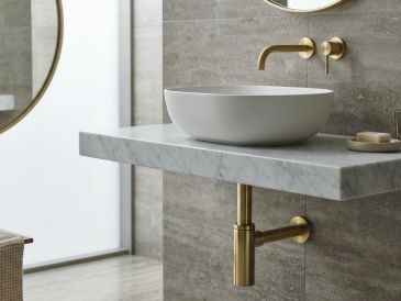 Modern bathroom sink with gold fixtures.
