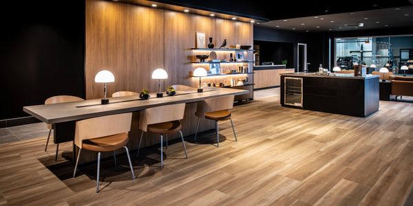 Wet bar and desk seating area at Genesis of Elgin in Bartlett, Illinois designed by Veronica Zepeda.