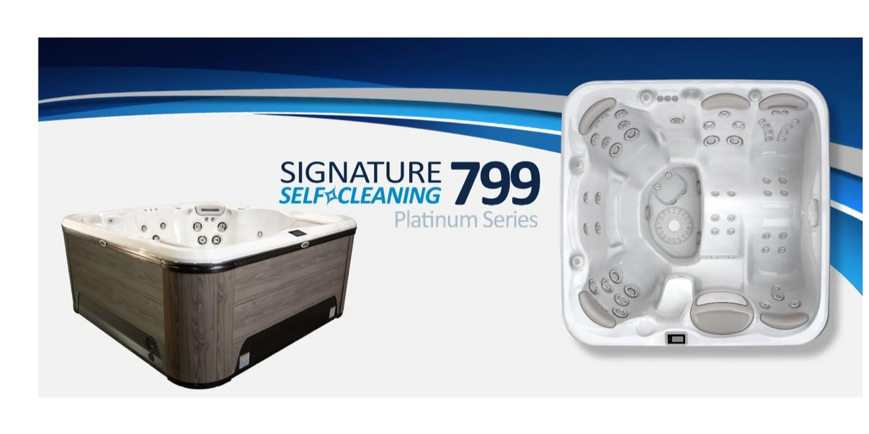 Signature 799 Self-Cleaning Platinum Series hot tub with wood finish and multiple jets.