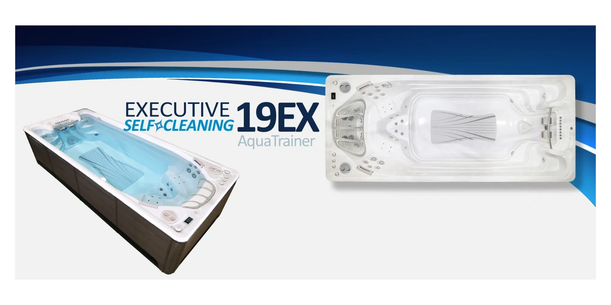Executive 19EX AquaTrainer self-cleaning swim spa with sleek design.
