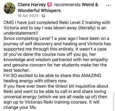 Positive testimonial about Reiki Level 2 training with Victoria and its transformative impact.