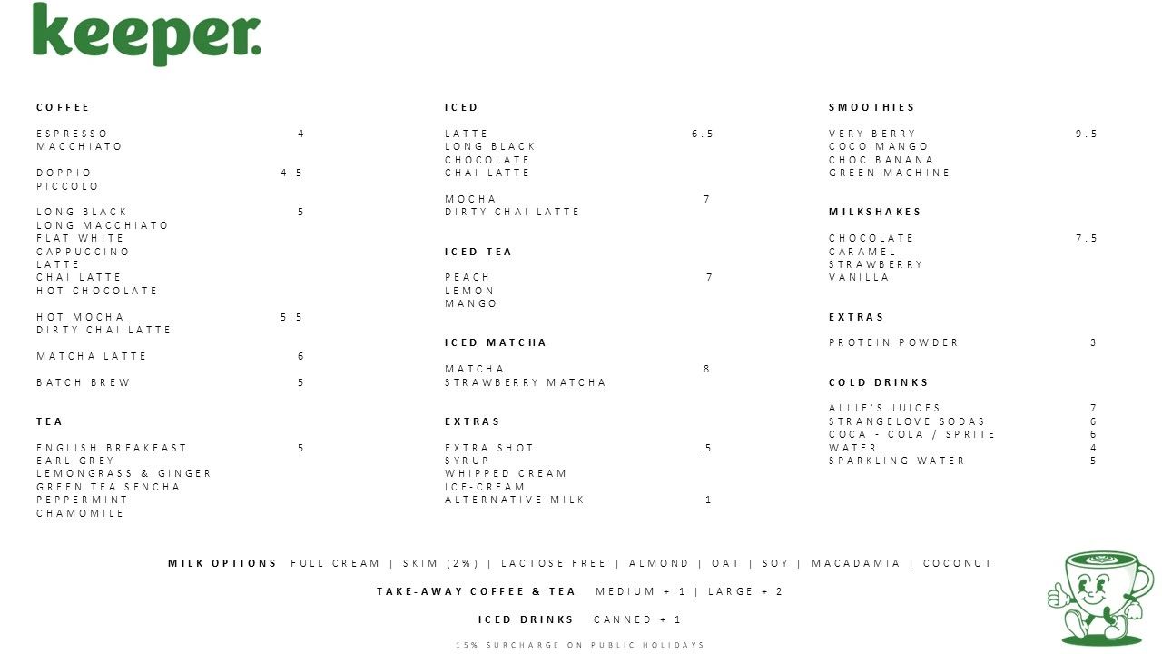 Keeper cafe menu with coffee, tea, iced drinks, smoothies, milkshakes, and extras.