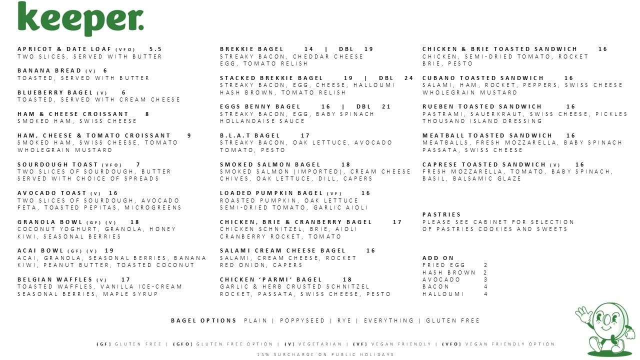 Cafe menu with various breakfast items, bagels, sandwiches, and add-ons.