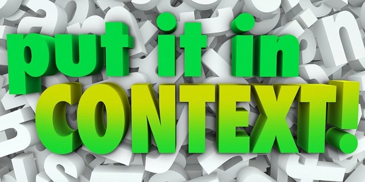 Bold green text saying 'put it in CONTEXT!' over scattered white letters background.