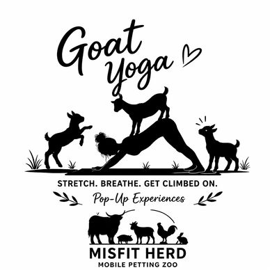 Goat Yoga with mobile petting zoo by Misfit Herd, featuring goats climbing on yoga participants.
