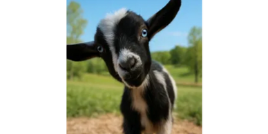 Close-up of a curious black and white baby goat with blue eyes in a green field.