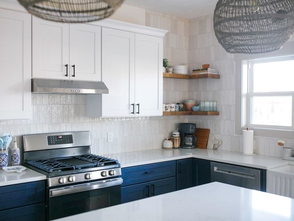 Blue and White Kitchen Cabinets. Remodel and Renovations and New Home Construction.