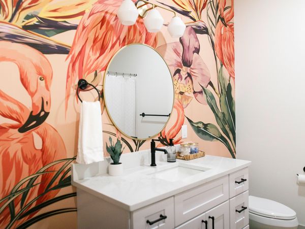 Bathroom with Flamingo Wallpaper. Remodel and Renovations.