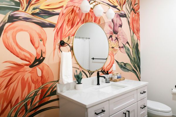 Modern Bathroom with Flamingo Wallpaper. Remodel and Renovations and New Build Construction.