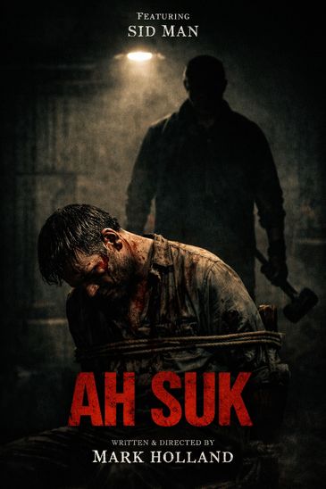 A dark, intense movie poster showing a tied man and a shadowy figure with a hammer.