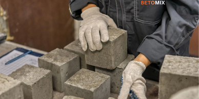 Worker stacking concrete blocks wearing gloves in a construction setting.