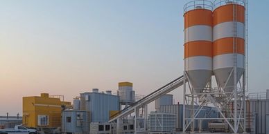Industrial facility with large storage silos at sunset.