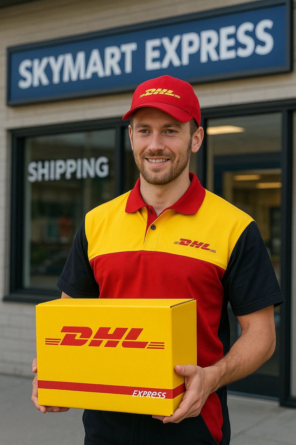 DHL Express package outside Skymart Express in Canada, authorized DHL shipping and drop-off locatioN