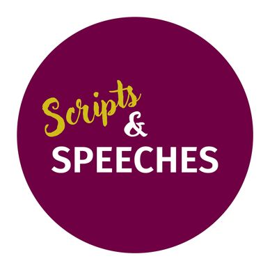 Logo with the words 'Scripts &amp; Speeches' in a circular maroon background.