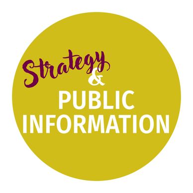 Logo with the words Strategy &amp; Public Information inside a yellow circle.