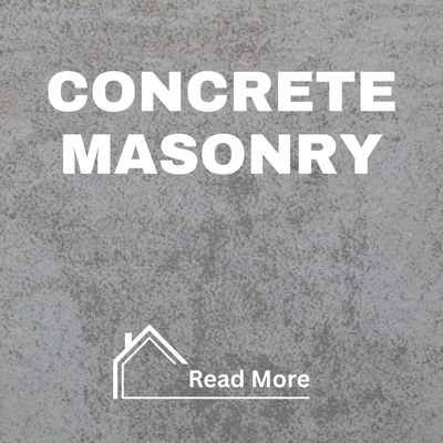 Concrete masonry background with bold text and a house icon.