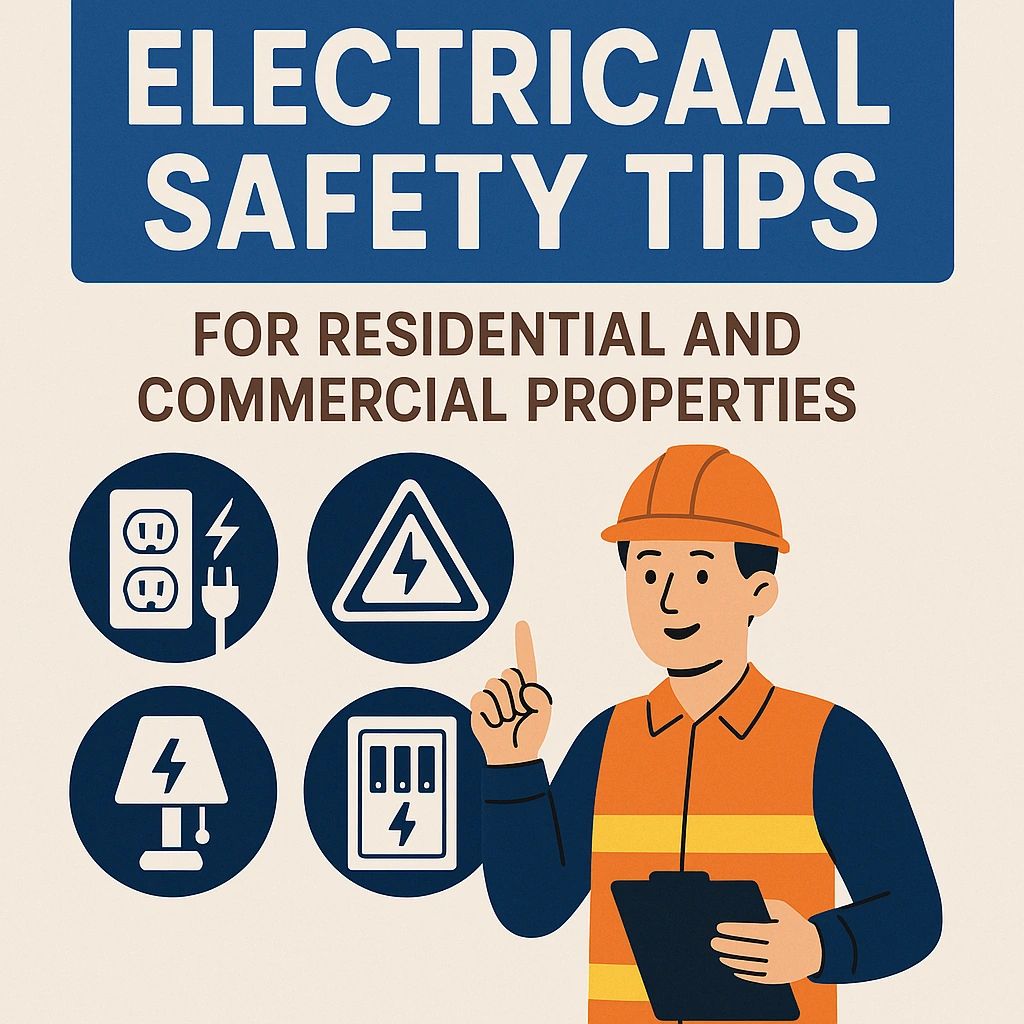 This illustrated blog graphic highlights top electrical safety tips for residential and commercial properties. It features a professional electrician in an orange reflective vest and hard hat holding a clipboard, symbolizing electrical inspection and safety awareness. Four blue circular icons represent essential electrical safety elements: a grounded power outlet, a high-voltage warning sign, an energy-efficient lamp, and a circuit breaker panel. The clean, flat-design style uses navy blue, orange, and beige colors to convey trust, professionalism, and hazard awareness. Ideal for promoting topics like electrical maintenance, workplace safety, and safe wiring practices.