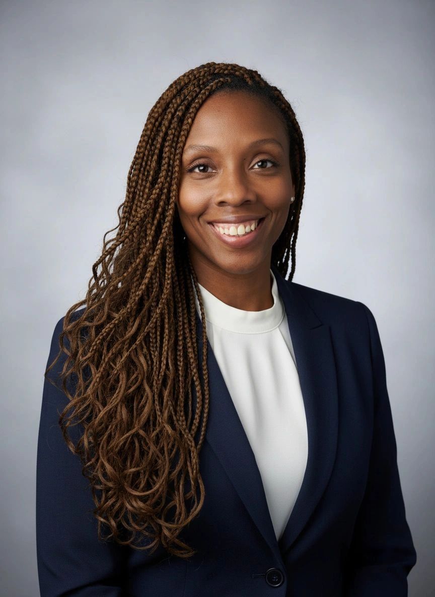 Professional portrait of a smiling woman with braided hair in a navy blazer.