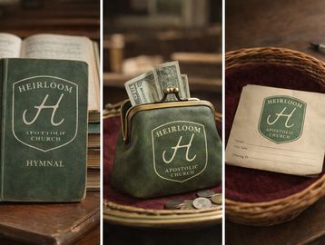 Heirloom Apostolic Church hymn book, offering pouch, and receipt in a basket.