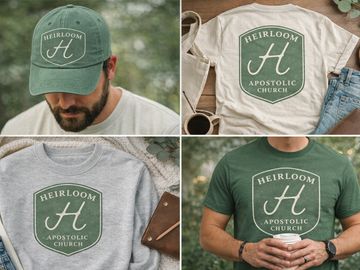Clothing items featuring 'Heirloom Apostolic Church' logo in various styles and colors.