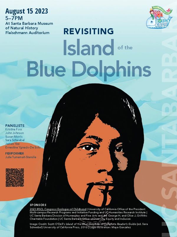 Revisiting island of blue dolphins event poster with image of a woman in front of abstract backgroun