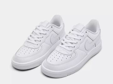 Pair of clean white Nike Air Force 1 sneakers.