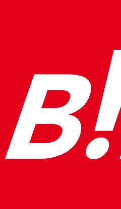 Partial logo with large white 'B!' on red background.