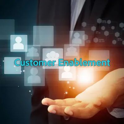 Businessman presenting digital icons with the text 'Customer Enablement'.