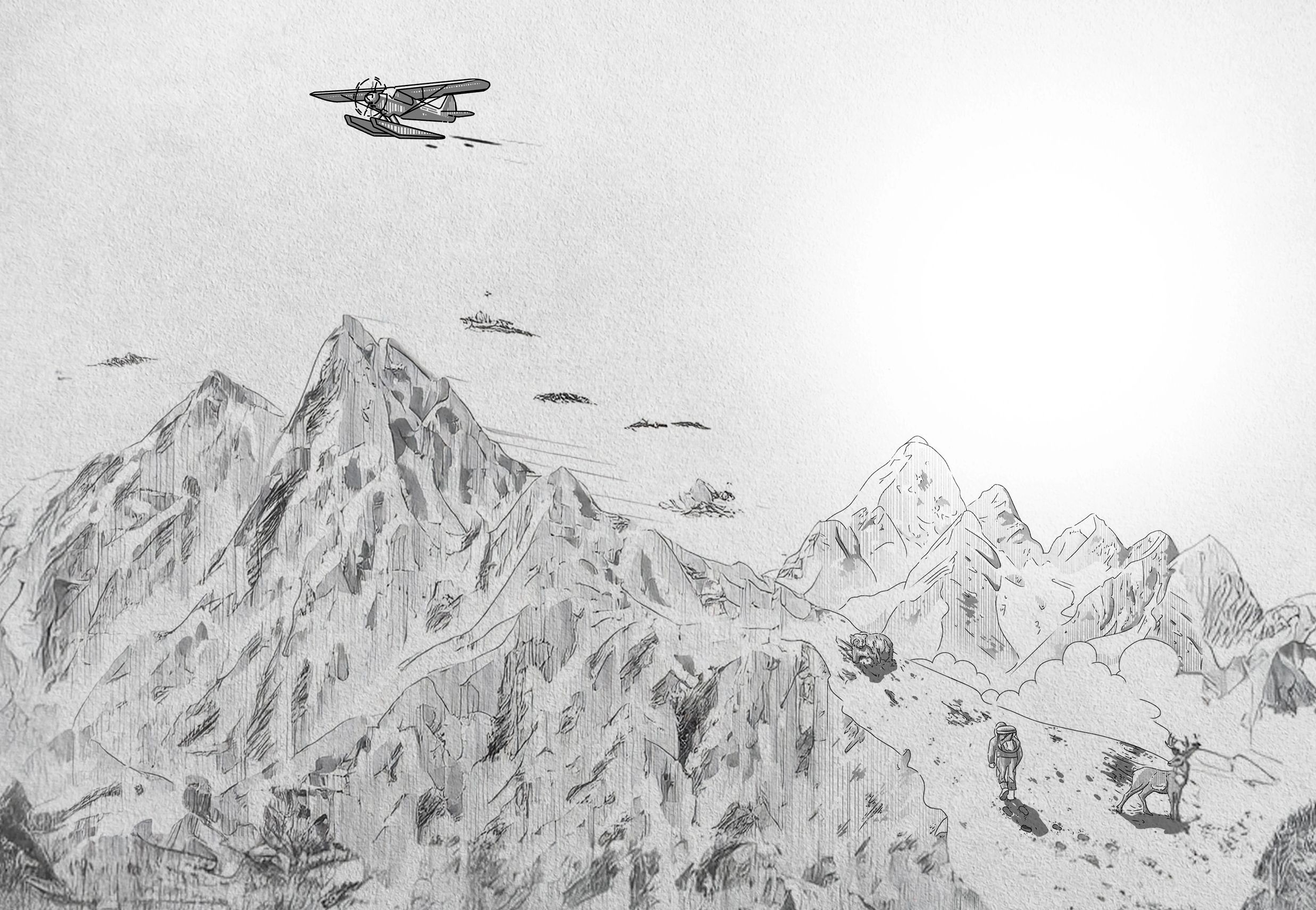 A vintage plane flies over a mountainous landscape with a hiker and a deer.