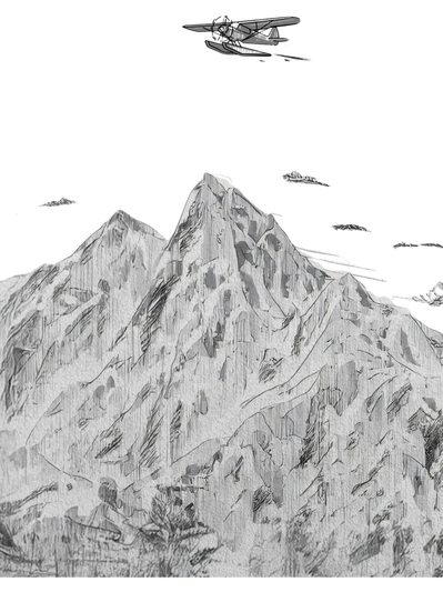 Black and white sketch of mountains with a hiker, deer, and a seaplane overhead.