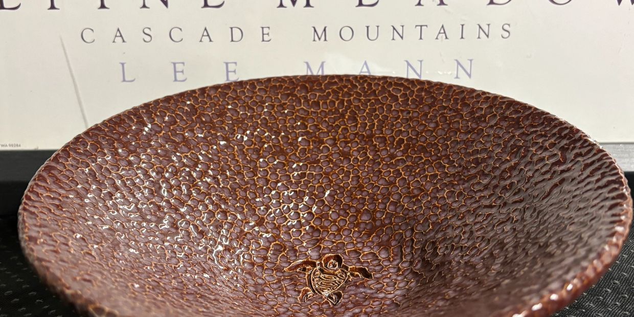 Textured brown bowl with turtle design in front of Alpine Meadow poster.