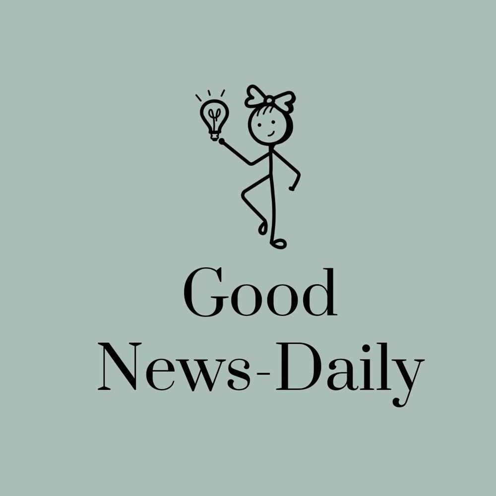 Stick figure with a lightbulb and text 'Good News-Daily' on a muted green background.