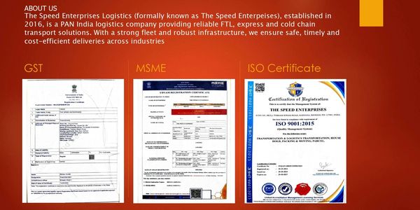 Logistics company certifications including GST, MSME, and ISO 9001:2015.