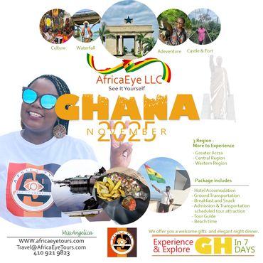 Promotional poster for Ghana 2023 tour by AfricaEye LLC featuring culture, adventure, and scenic attractions.