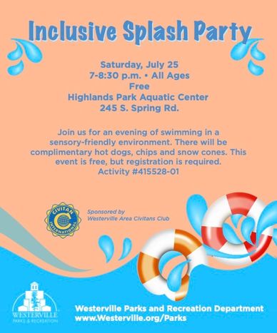 Flyer for an Inclusive Splash Party at Highlands Park Aquatic Center, free with registration.