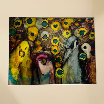 Abstract painting featuring colorful birds with vibrant yellow and blue accents.