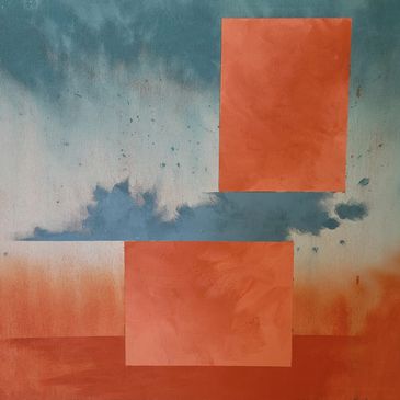 Abstract painting with blue and orange hues featuring two orange rectangles.