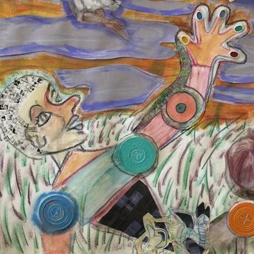 Abstract art of a person reaching up with colorful circles on limbs and a textured background.