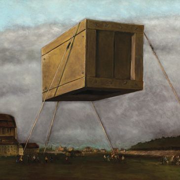 Surreal painting of a giant wooden crate suspended by ropes over a field with people below.
