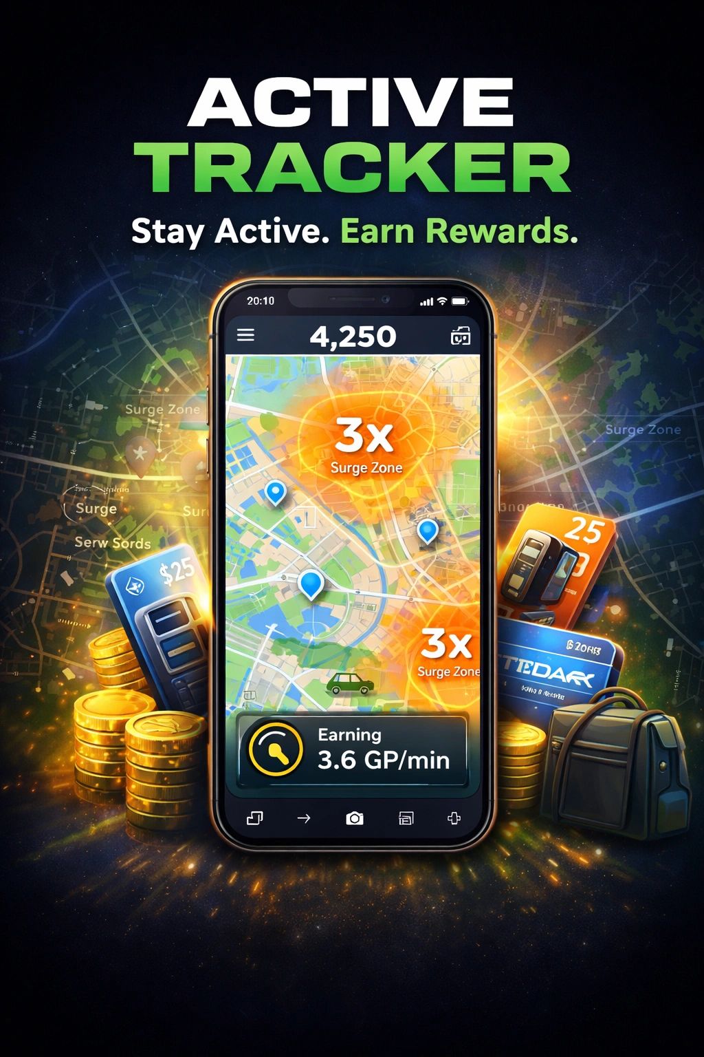 Mobile app tracks activity with rewards and surge zones on a city map.