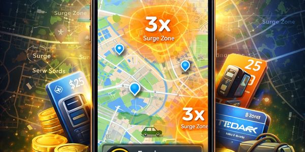 Mobile app showing 3x surge zones on a city map with ride-hailing icons.