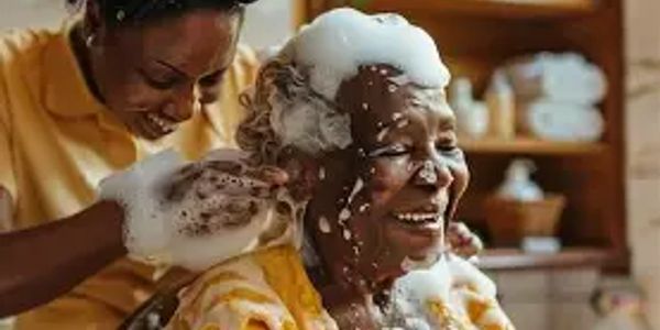 A woman joyfully washing an elderly woman's hair with soap suds.