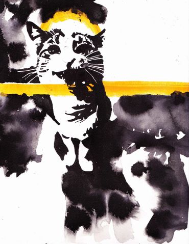 Ink portrait of a cat meowing.