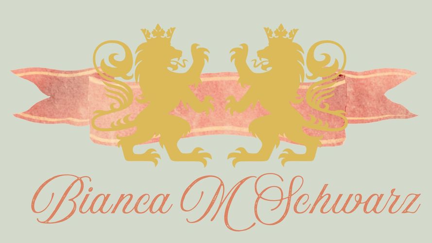 Two lions fighting before a banner and the name Bianca M Schwarz below