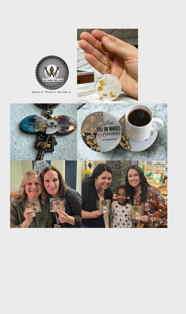 Handmade resin keychains and coasters with inspirational quotes held by people.