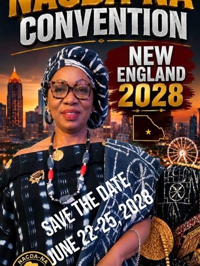 Woman in traditional attire at NACDA-NA Convention 2028 save the date poster.