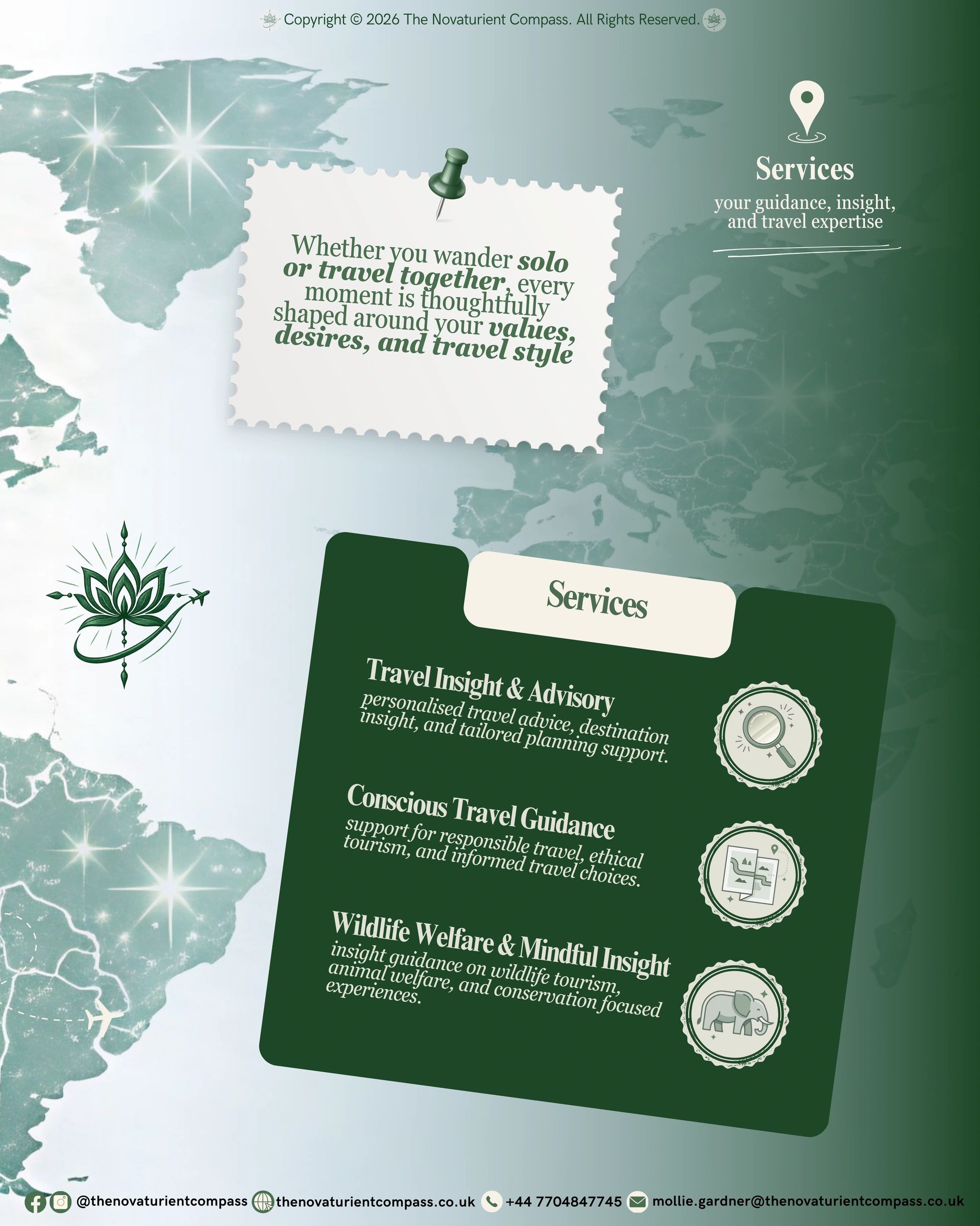 Travel service descriptions with a world map background.