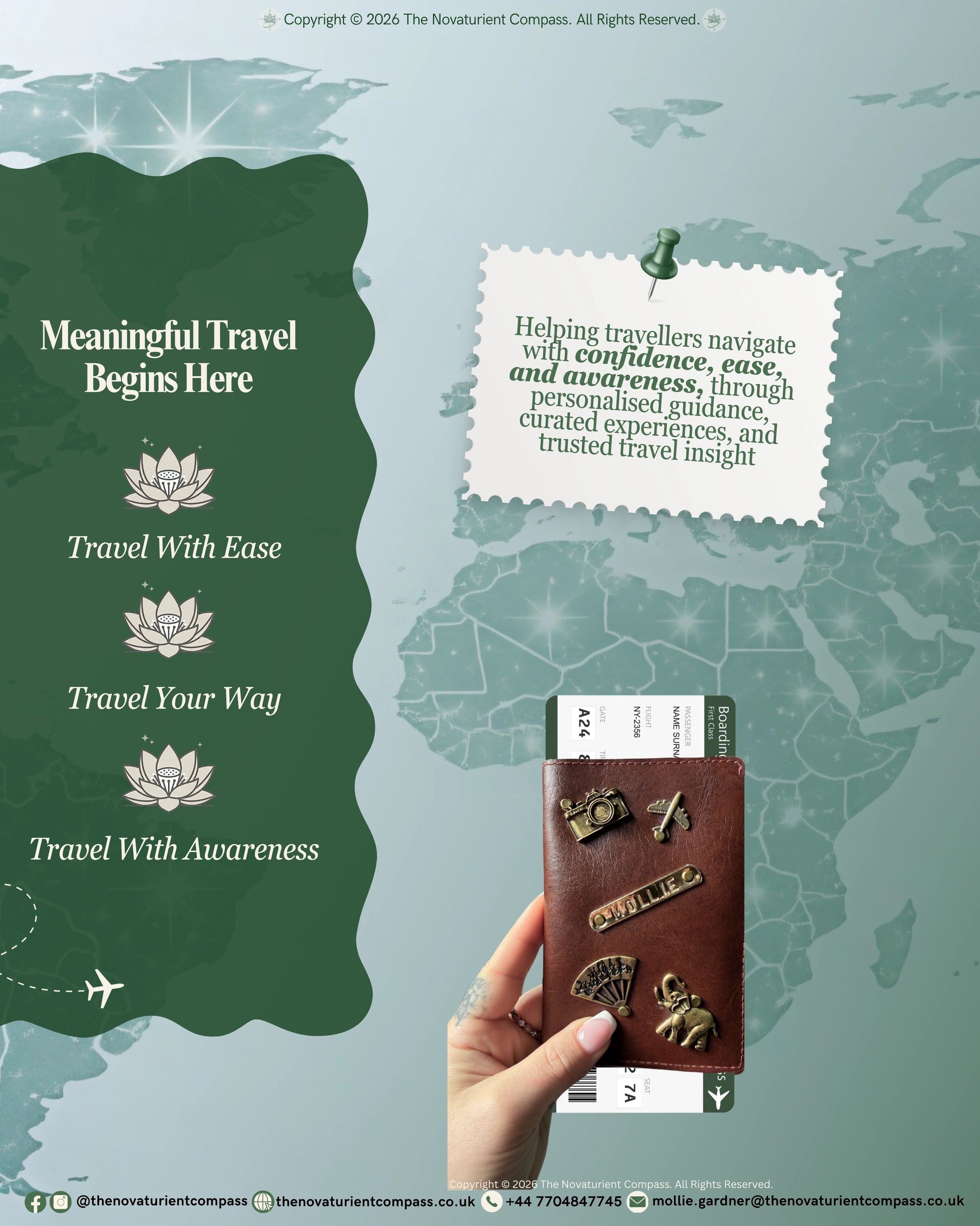 Travel wallet with pins and ticket, promoting meaningful travel.